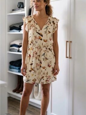 Cream Floral & Bird Print V-Neck Ruffle Sleeve Dress